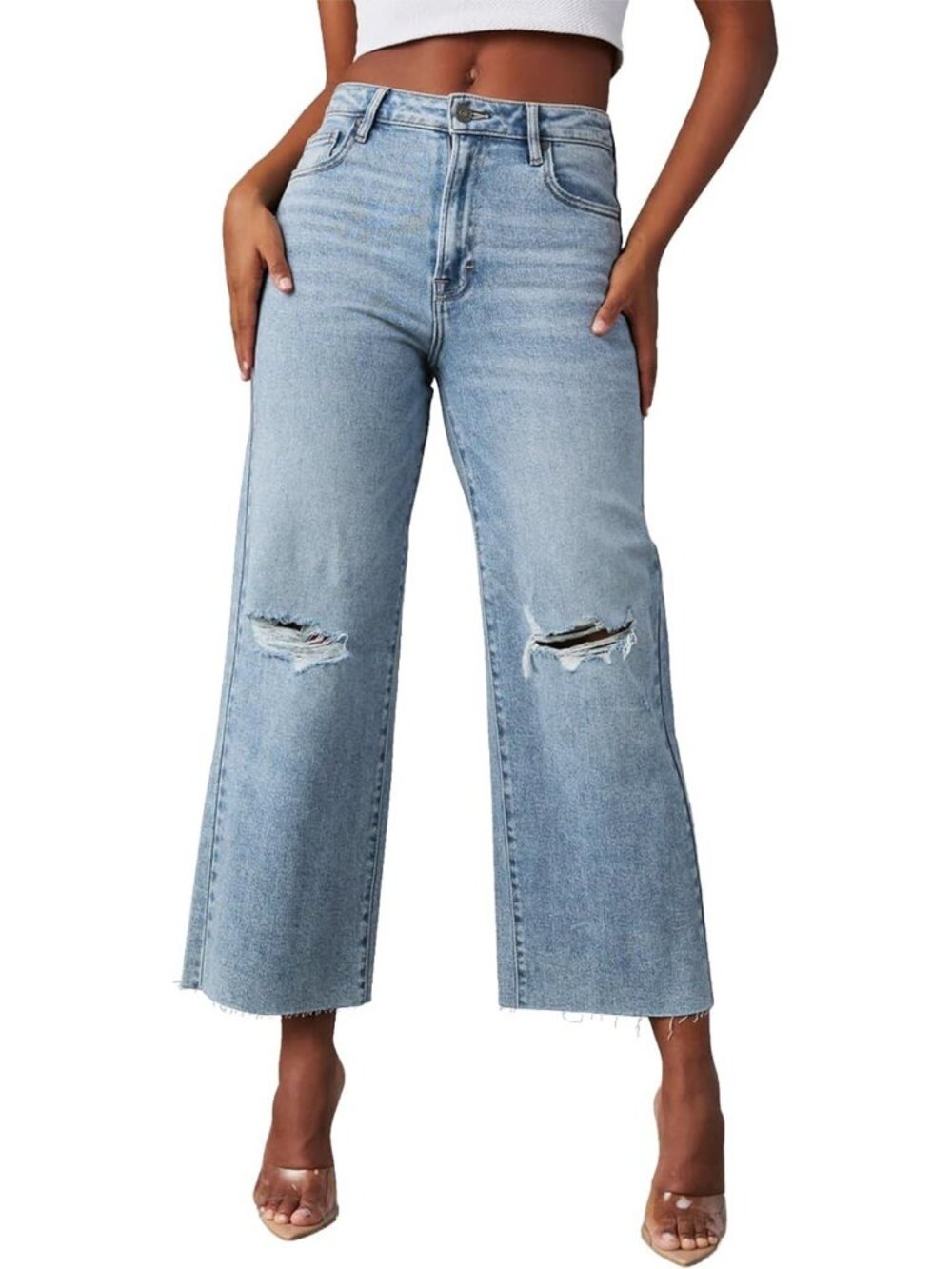 High Waisted Wide Leg Ripped Capri Jeans for Women - Trendy Summer Fashion